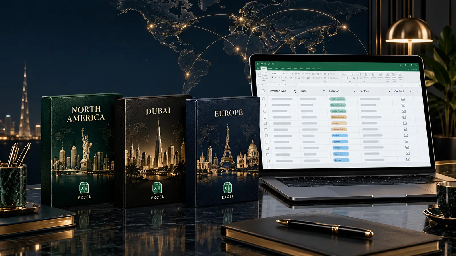 Premium North America, Dubai and Europe investor data packs beside an organized Excel directory
